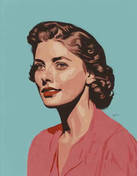 a painting of a woman in a pink shirt and red lipstick