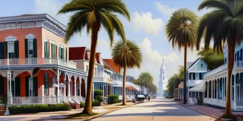 painting of a street with palm trees and a church in the background