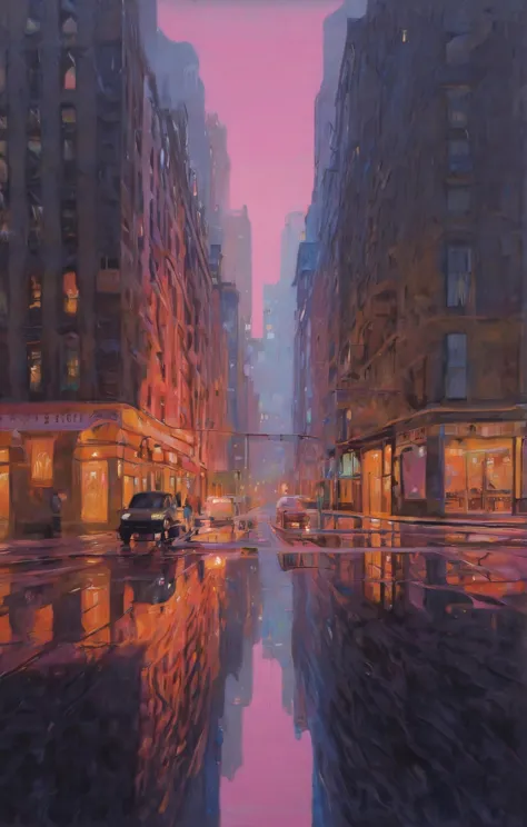 painting of a city street with a reflection of buildings in the water