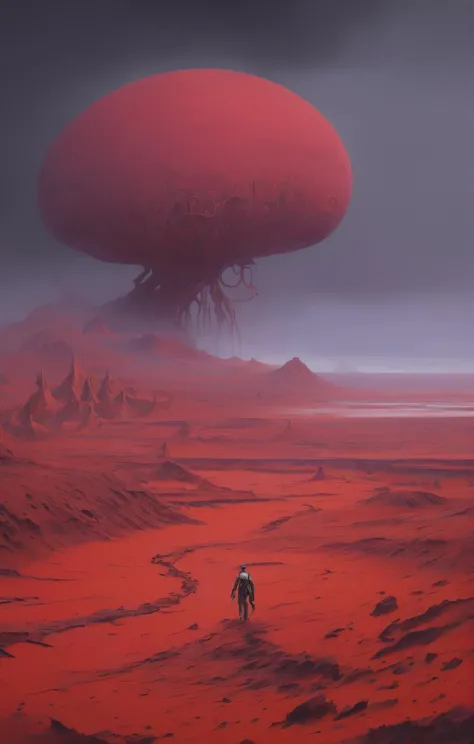 a man walking in a desert with a giant mushroom in the background