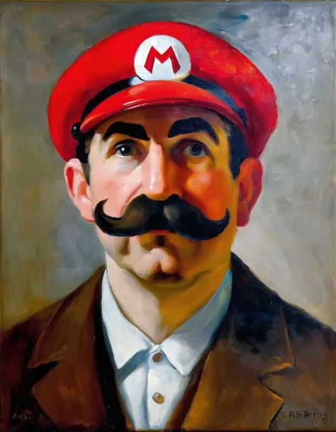 painting of a man with a mustache and a hat on