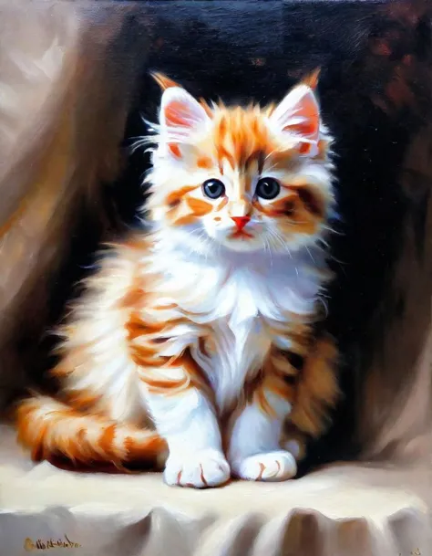 painting of a kitten sitting on a chair with a brown background