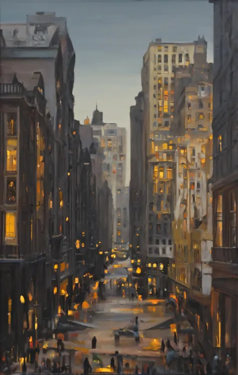 painting of a city street with people walking and cars on it