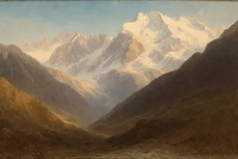 painting of a mountain scene with a river and a mountain range