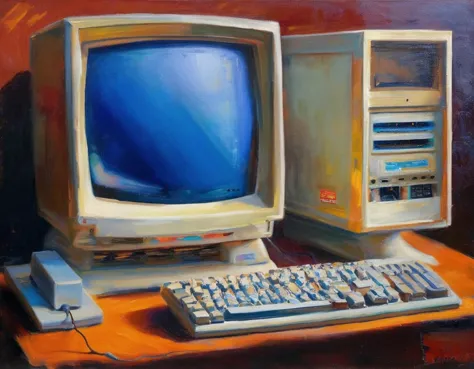 painting of a computer and keyboard on a desk with a red background