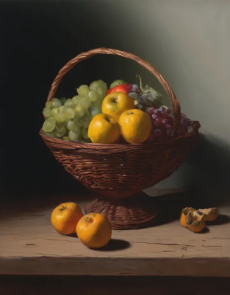 painting of a basket of fruit with oranges and grapes