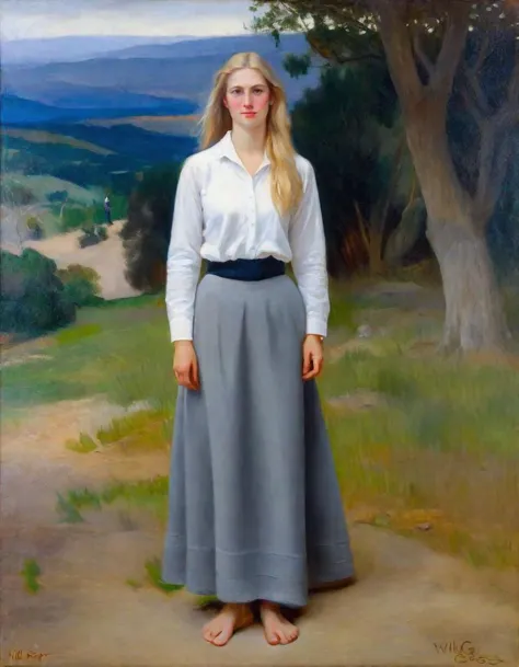 painting of a woman in a long skirt standing in a field