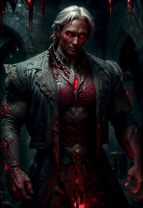 a man with a bloody face and red eyes standing in a dark room