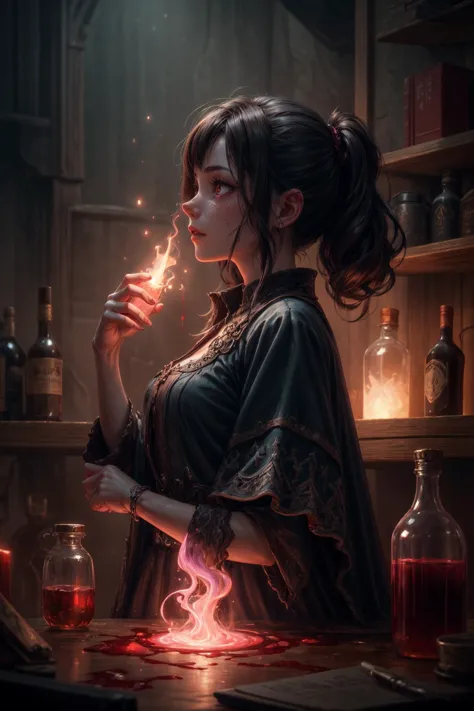 a woman in a dark dress holding a lit candle in her hand