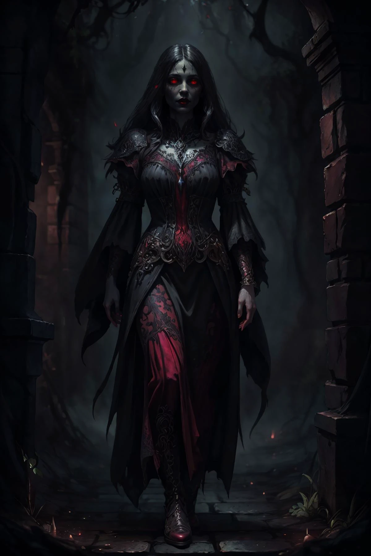 dark fantasy vibes, full body of one poweful vampire with red eyes, intricate (black) and red clothing, coming out of a intricate old sumptuous stone crypt during a dark night,
(masterpiece, best quality, absurdres, photorealistic:1.4), ((fantasy art)), colorful, good design, good composition, detailed, intricate, realistic background, volumetric lighting, subsurface scattering, (cinematic, perfect lighting, perfect shading), dark fantasy illustration, oil painting
