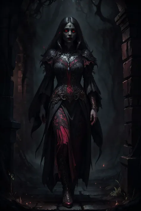 dark fantasy vibes, full body of one poweful vampire with red eyes, intricate (black) and red clothing, coming out of a intricat...