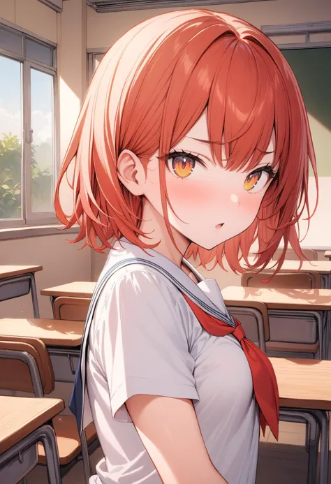 anime girl with red hair and school uniform standing in front of desks