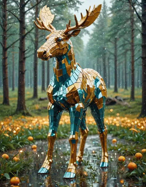 there is a sculpture of a deer made of gold and blue tiles