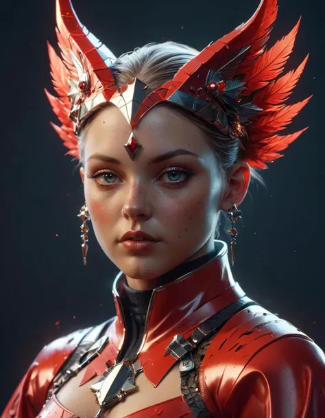 a woman in a red leather outfit with red feathers on her head