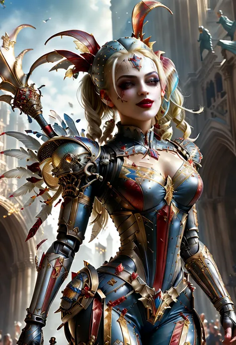 score_9, score_8_up, score_7_up, score_6_up, score_5_up, score_4_up, beautiful gorgeous harley quinn as an armored warrior, brilliant holy feathery wings, holding gleaming glowing sword, ancient cathedral in background, concept art, digital art, realistic, <lora:angeles:1> <lora:RPGJesterXL:1> <lora:add-detail-xl:1> <lora:crystalz:1> <lora:WowifierXL-V2:1>