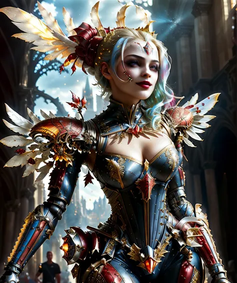 score_9, score_8_up, score_7_up, score_6_up, score_5_up, score_4_up, beautiful gorgeous harley quinn as an armored warrior, brilliant holy feathery wings, holding gleaming glowing sword, ancient cathedral in background, concept art, digital art, realistic, <lora:angeles:1> <lora:RPGJesterXL:1> <lora:add-detail-xl:1> <lora:crystalz:1> <lora:WowifierXL-V2:1> <lora:breastsizeslideroffset:1>  <lora:skin_slider_v1:1>