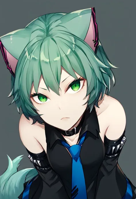 anime girl with green hair and green eyes wearing a black outfit