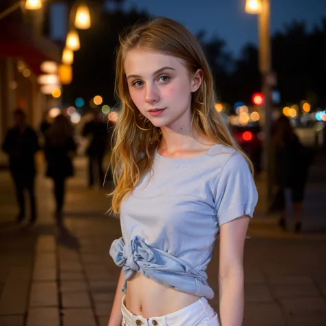 Upper body shot photo of a happy Beautiful woman wearing casual clothes on a busy city street at night, streetlights (smiling:0....