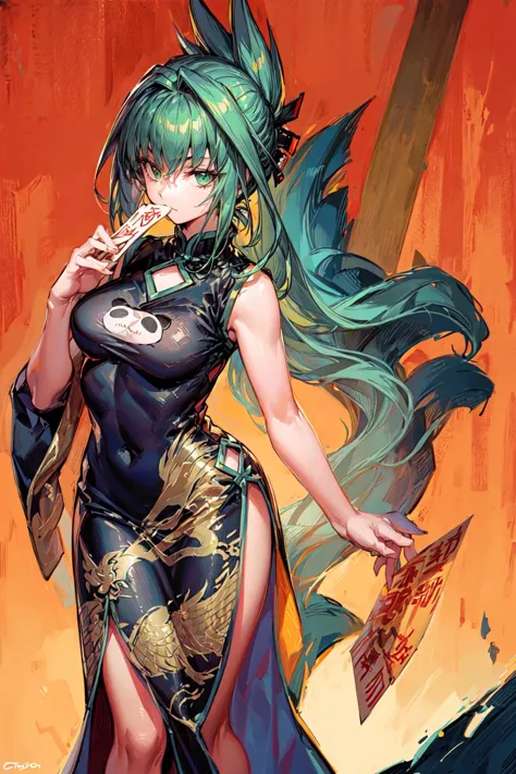 thick outlines, comics, photorealistic, 1girl, solo, (holding ofuda:1.1), dynamic pose, <lora:tao_jun_v1:0.7>, tao jun, green eyes, china dress, chinese clothes, black dress, green hair, side slit, folded ponytail, animal print, chinese temple, detailed background, detailed face, detailed eyes, <lora:add_detail:0.7>