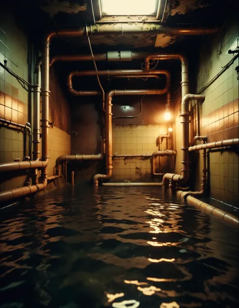 muddy water, tiles, rusty pipes, warm dim lights, cozy