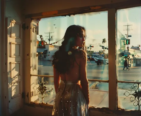 a girl, blue long hair,  latina, Standing in the threshold of an ornate door frame silhouette outlined against the soft indoor light hands positioned above head in a pose of invitation,  (film photography style, heavy grain), vignette , At Sunset, orange light, setting sun, deep shadows, dramatic sky, serene atmosphere, style of  Philip Lorca diCorcia