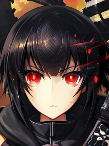 anime girl with red eyes holding a sword and a sword