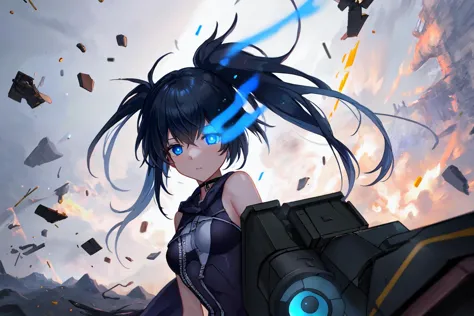 masterpiece, best quality, ultra-detailed,detailed background,high quality,extremely detailed,1girl, black rock shooter (character), bare shoulders, flaming eye, black, arm_cannon, gun, highest quallity, black light particles,illustration, cinematic light,