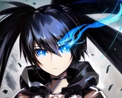 anime girl with blue eyes and long black hair with a sword