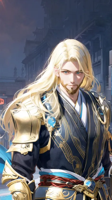 a man with long blonde hair and a sword in a city