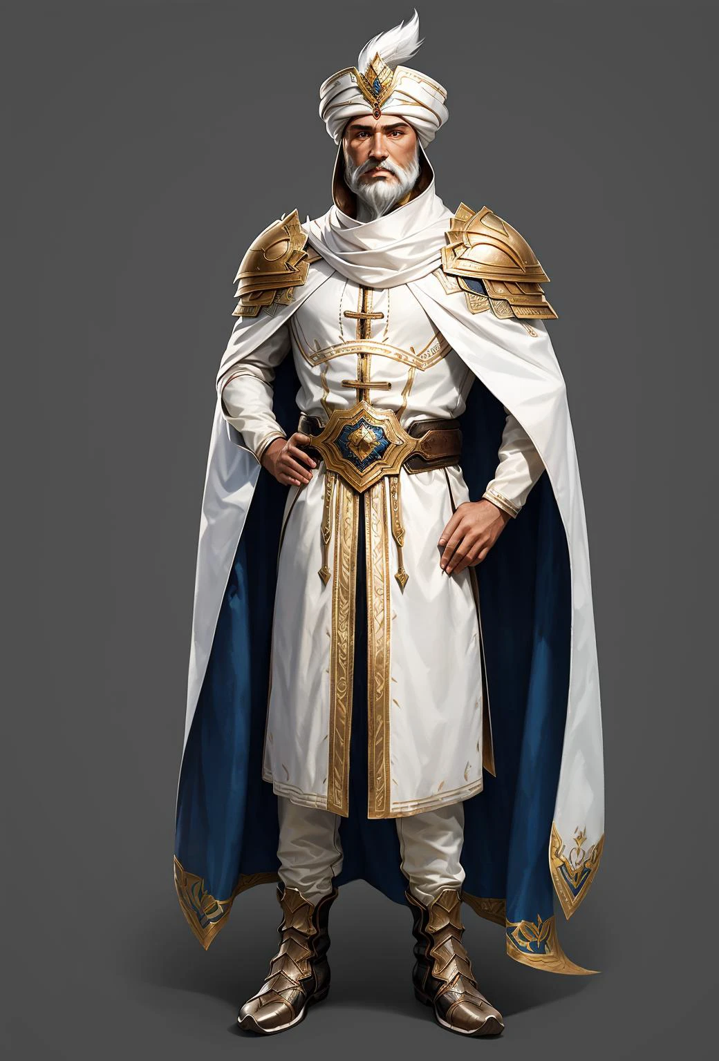 Concept art, hand-drawn drawings, Persian costumes, exotic styles, original character designs, solo, 1boy, male focus, hat, full body, cape, facial hair, standing, boots, armor, simple background, beard, black background, hand on hip, white cape, white hair, white headwear, long sleeves, shoulder armor, mustache, brown footwear, turban