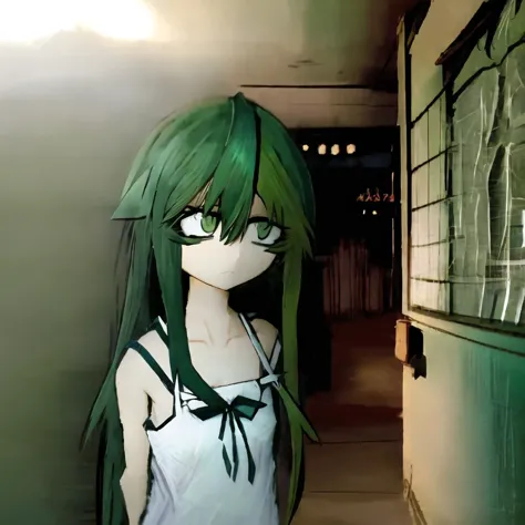 anime girl with green hair and green eyes standing in a hallway