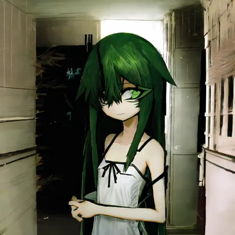 <lora:v1v404LORA_v1v404Ep30:0.6>,saya no uta, v1v404, saya, 1girl, bangs, sage hair, green eyes, hair between eyes, hair flaps, very long hair, sundress, white dress, flat chest, sidelocks, spaghetti strap,  <lora:blackSouls_5:1>,  <lora:death2HorrorLocon_v10:1>,  <lora:shittyOekakiJaggy_v10:1><hypernet:blackSoulsHypernetwork_wd14AnimeEpoch1:0>