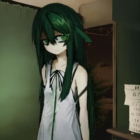 anime girl with green hair and green eyes standing in front of a green wall