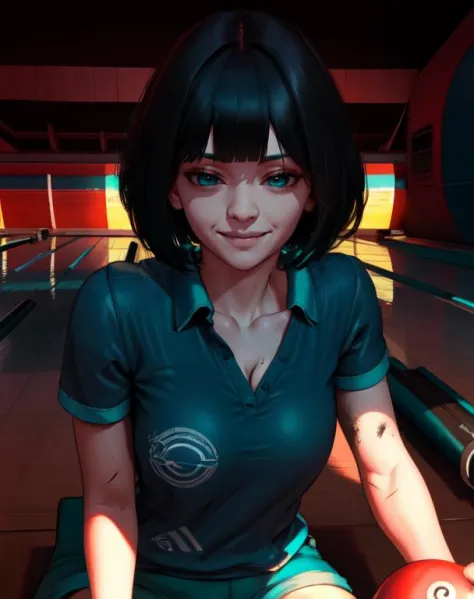 FengMin,black bob cut, light smile, 
dirty,upper body, sitting, 
black and teal collared shirt,short sleeves, shorts, 
nighttime,bowling alley, horror movie,cabin, cleavage, 
(insanely detailed, beautiful detailed face, masterpiece, best quality) cinematic lighting,
