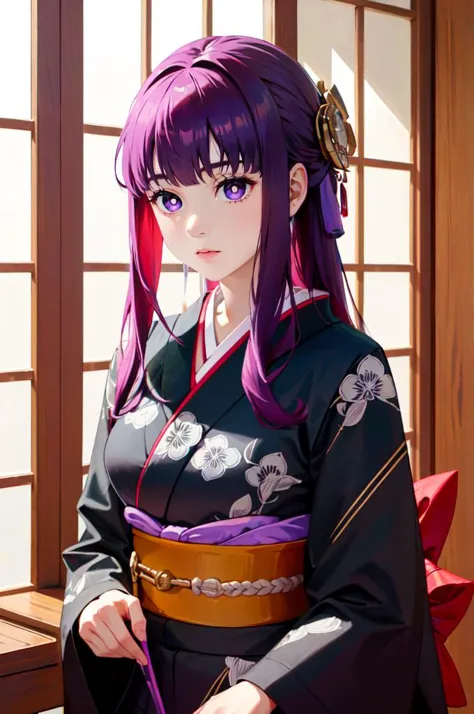 <lora:furisode v1.0:0.5> jyojifuku, furisode, kimono, hair ornament, long sleeves,  <lora:fernv2:1> fernfrieren, purple pupils, ...