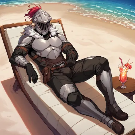 score_9, score_8_up, score_7_up, score_6_up, 
BREAK 1boy, <lora:GS13:1> gs_slayer, armor, helmet, visor \(armor\), fur collar, greaves, laying on chaise lounge, beach, cocktail glass,