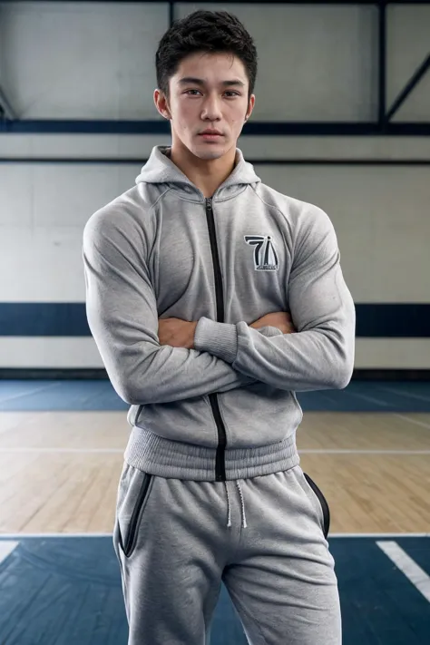 <lora:arthur_nory-04:1> photo of arthur_nory, wearing a fitted tracksuit, blurred gymnasium backdrop, confident yet approachable...