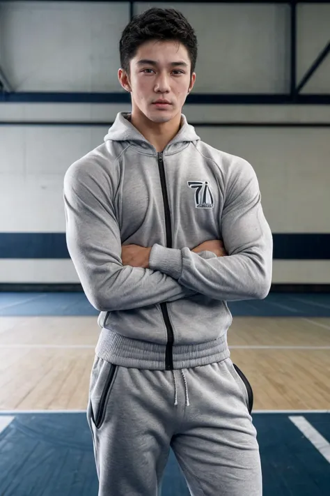 <lora:arthur_nory-04:1> photo of arthur_nory, wearing a fitted tracksuit, blurred gymnasium backdrop, confident yet approachable mood, natural relaxed expression, standing tall, confident pose, 50mm