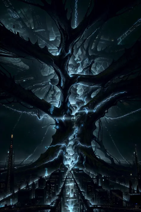 best quality, highres, high resolution, high detail, sharp focus, cinematic shadow, <lora:nomomassive:0.7>  <lora:AntimatterTech-20:0.9>.
A massive tree connected to the city below by swirling veins of glowing antitech energy.