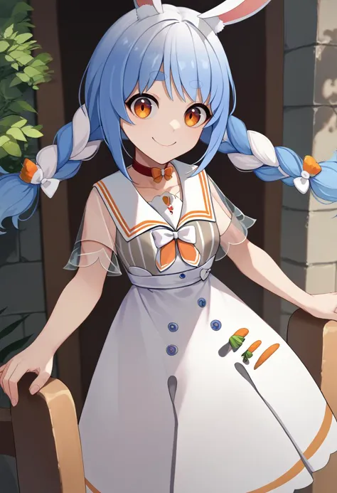 score_9, score_8_up, score_7_up, source_anime, solo, 1girl, UsadaPekora, smile, looking at viewer, orange eyes, thick eyebrows, rabbit ears, two-tone hair, blue hair, white hair, long hair, twin braids, vertical-striped dress, white skirt, high-waist skirt, sailor collar, red choker, white bow, see-through sleeves <lora:ChamUsadaPekoraPonyXL:1> <lora:CHAR-TsunomakiWatamePonyXL:1>