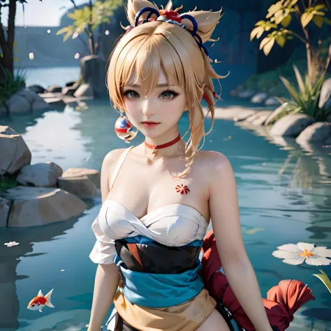 photograph,4k,realistic,detailed cosplay style,a cute girl  standing in water,yoimiya \(genshin impact\),
