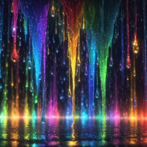 Glowing rain, ((Rainbow droplets:1.5)), radiant (trails:1.3), individual (colors), shimmering (reflections), (wet surface), (mes...