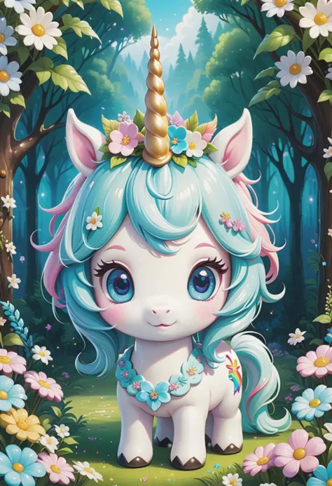 Digital art of a cold dough chibi unicorn. He has white skin, candy color mane and bright eyes, flowers on his head. Enchanted f...