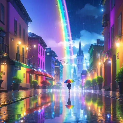Rain-soaked city, ((rainbow-colored droplets:1.5)), (glowing trails), night (reflection), (wet cobblestone), (luminous skyline),...