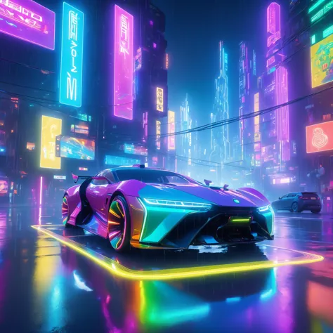 Neon night, (rainbow-colored rain:1.3), (bright trails), cyberpunk (cityscape), (illuminated signs), futuristic (vehicles), (gle...