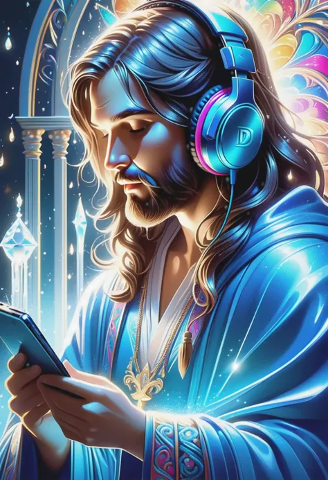 hyper detailed realistic 3d 4k christ, portrait style, realistic detailed blue robes, hyper realistic colorful headphones listen...