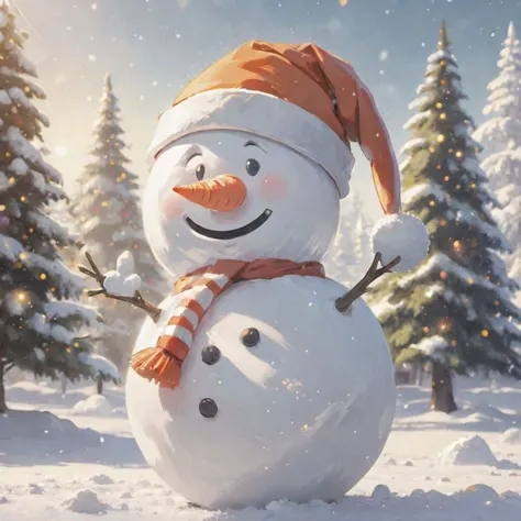 Snowman. Carrot nose. Marble ball eyes. Stick arms. Cute, smiling. Sparkling in sunlight. Santa hat. Snowing. Christmas tree in ...