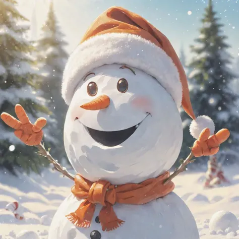 Snowman. Carrot nose. Marble ball eyes. Stick arms. Cute, smiling. Sparkling in sunlight. Santa hat. Snowing. Christmas tree in ...