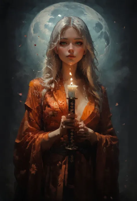 a woman holding a candle in front of a full moon