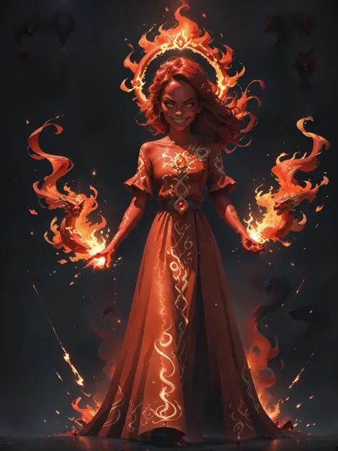 a woman in a red dress with fire around her